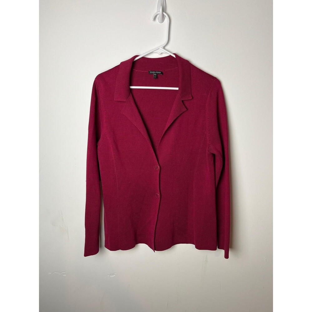 Eileen Fisher Sweater Womens Medium Magenta Silk Knit Blazer Cardigan Two Button